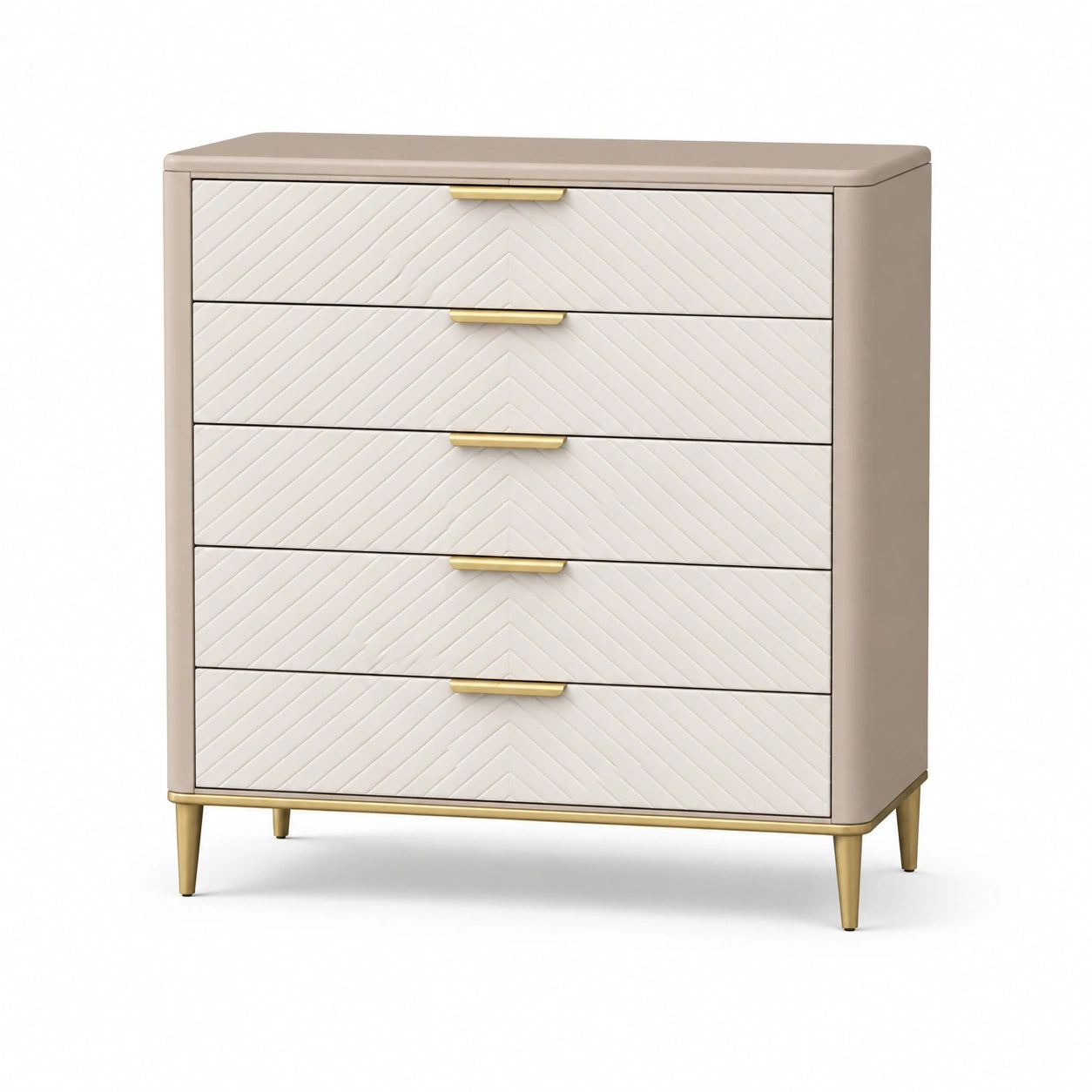 Schubladenschrank aus MDF mit 5 Schubladen in Beige und Weiß mit goldfarbenen Griffen