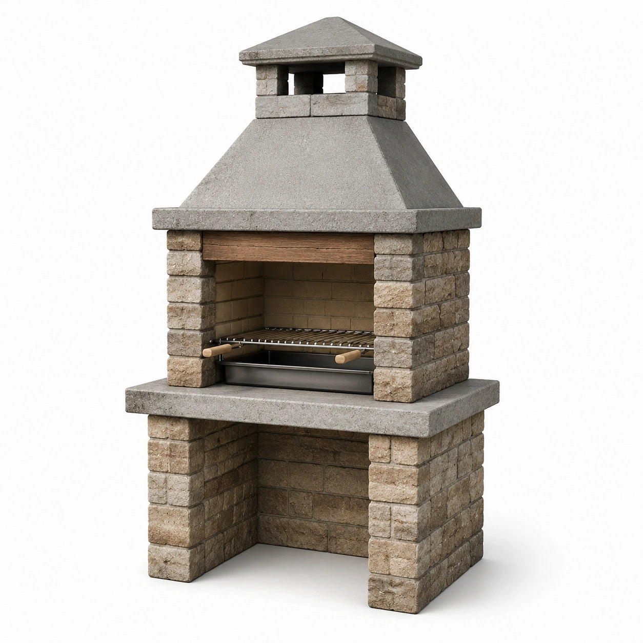 Stein-Beton Grillkamin mit Edelstahl-Grillrost Grau/Beige