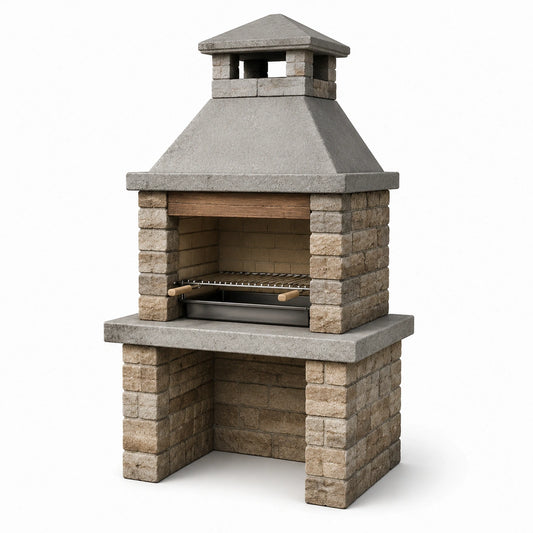 Stein-Beton Grillkamin mit Edelstahl-Grillrost Grau/Beige