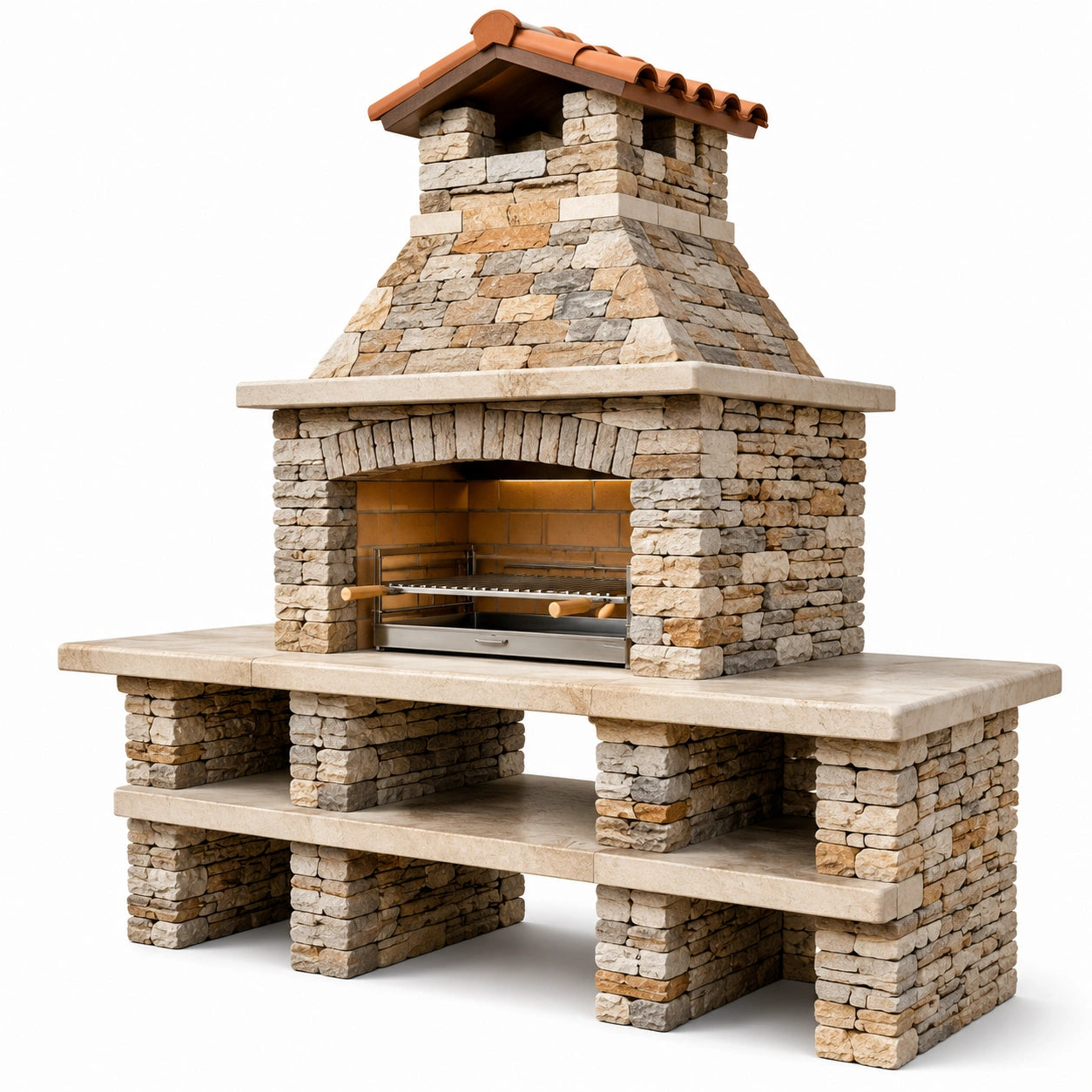 Grillkamin aus Naturstein mit Terrakottadach, 150 x 120 x 200 cm, Beige/Grau