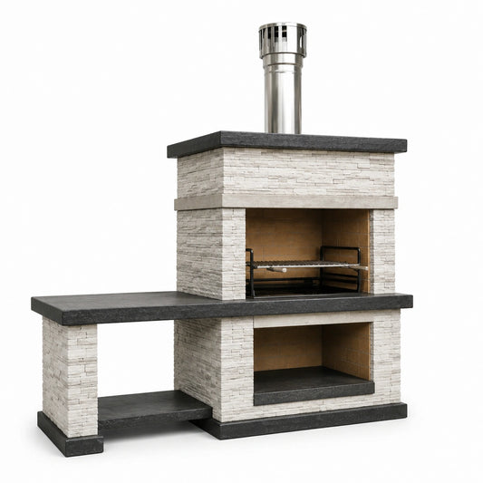 Grillkamin aus Naturstein mit Edelstahl-Schornstein 200x120x220 cm Grau