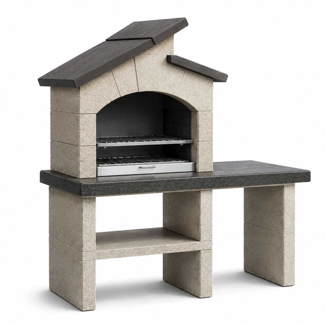 Grillkamin aus Beton mit Porzellanfliesen-Tisch, 150x100x210 cm, Dunkelgrau/Beige