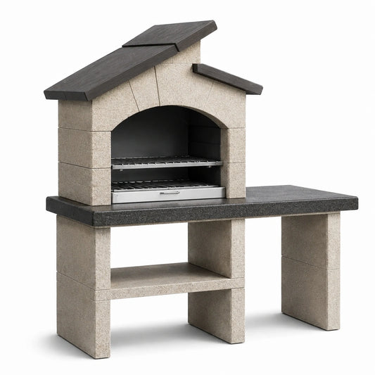 Grillkamin aus Beton mit Porzellanfliesen-Tisch, 150x100x210 cm, Dunkelgrau/Beige