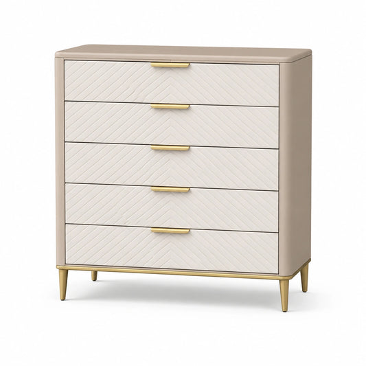 Schubladenschrank aus MDF mit 5 Schubladen in Beige und Weiß mit goldfarbenen Griffen