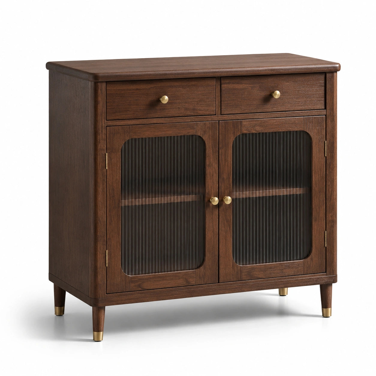 Dunkelbraunes Sideboard aus Holz und gerilltem Glas