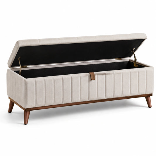 Stoff-Aufbewahrungsbank mit Holzfüßen 120x45x50 cm Beige