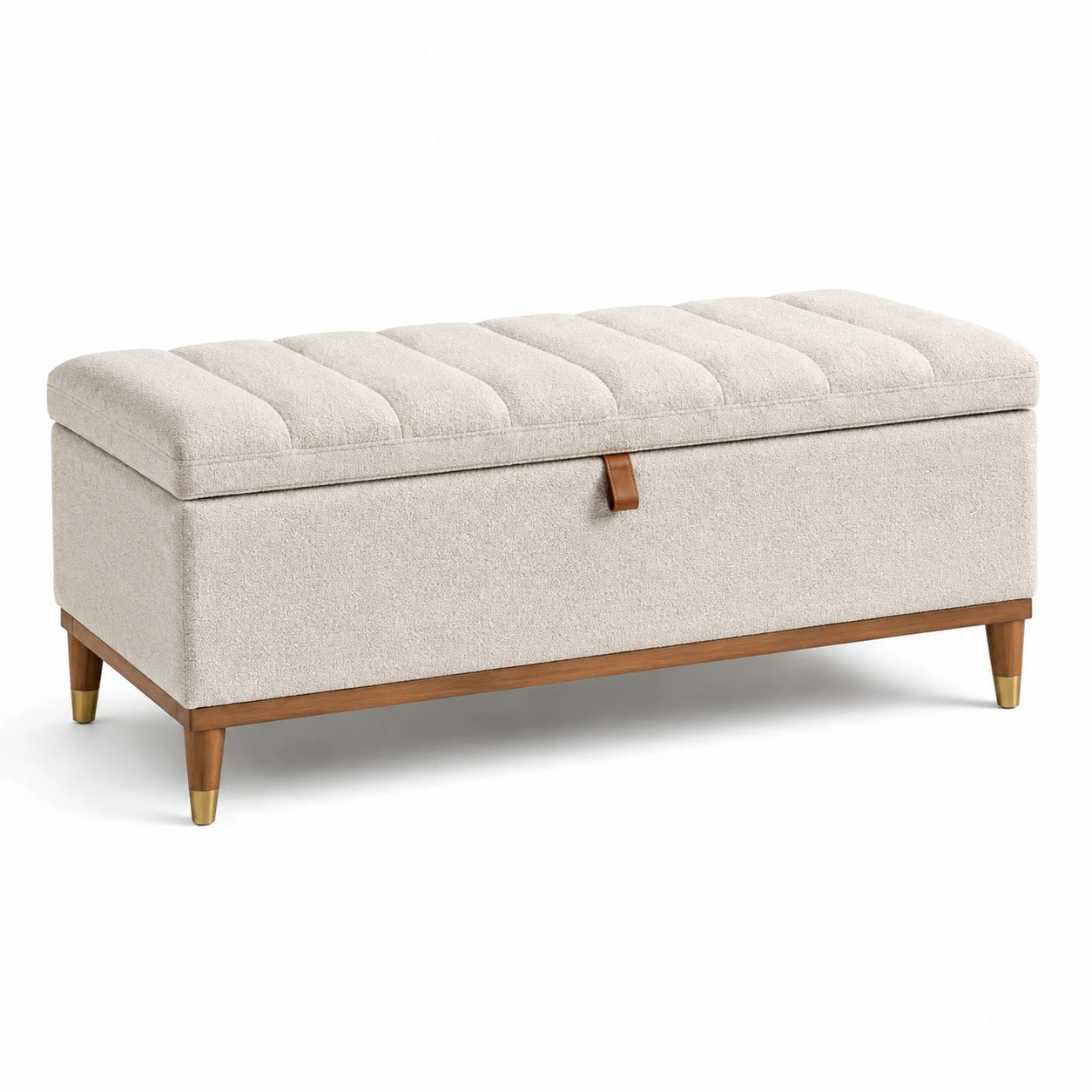 Beige Aufbewahrungsbank aus Textil mit Stauraum und Holzbeinen