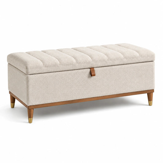 Beige Aufbewahrungsbank aus Textil mit Stauraum und Holzbeinen