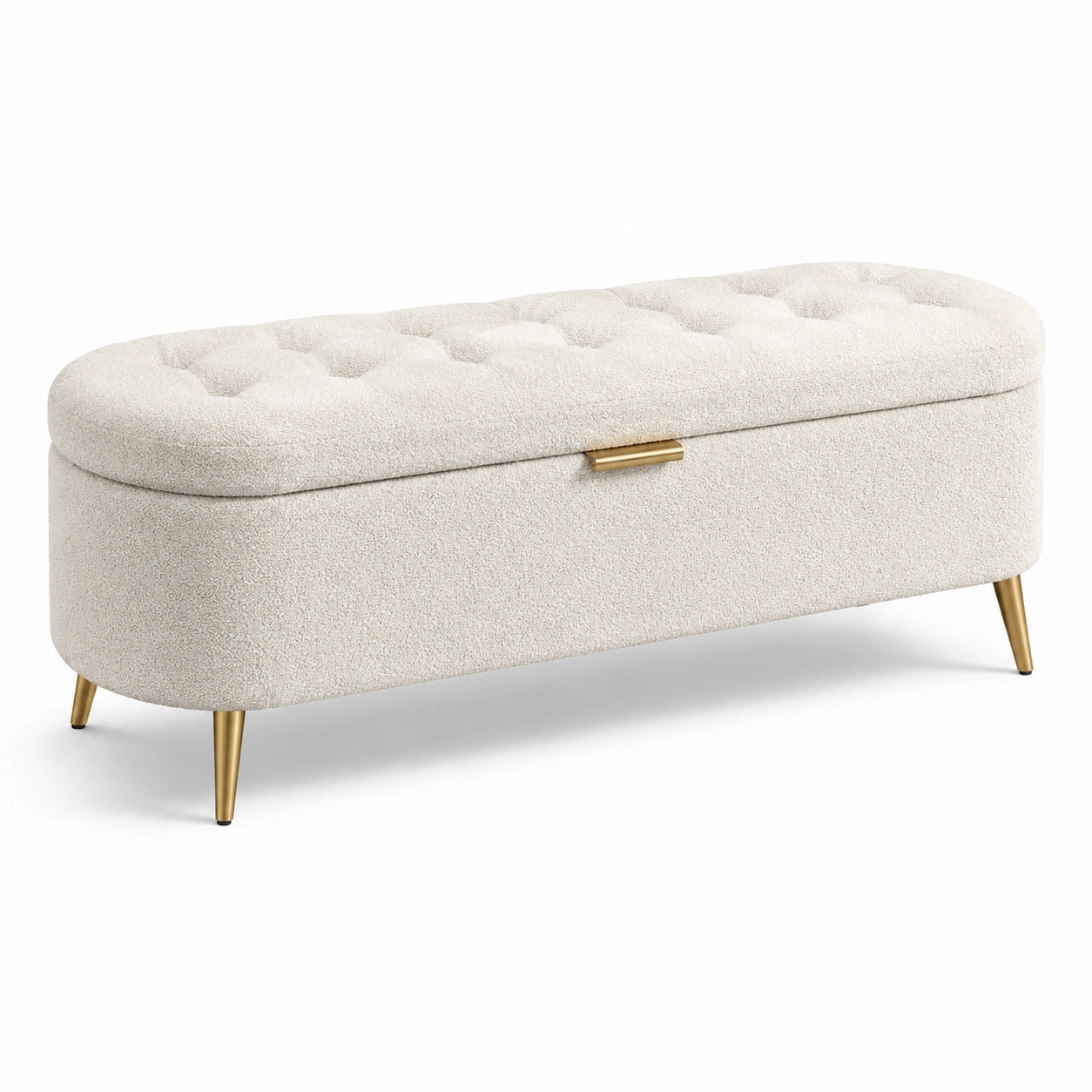 Ovale Bouclé-Aufbewahrungsbank mit Metallbeinen in Beige
