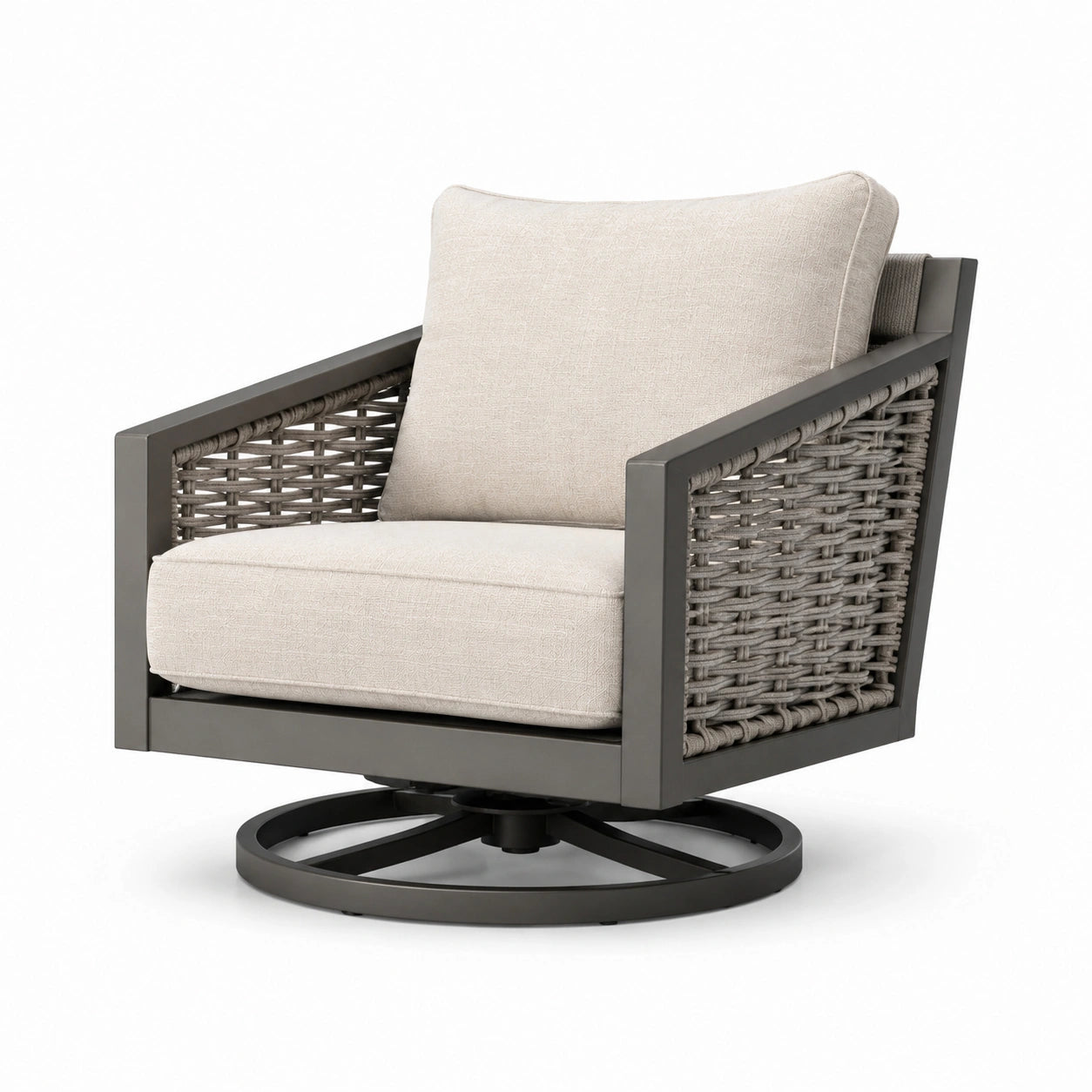 Drehsessel aus Aluminium mit Synthetik-Rattan und Polyester Kissen Beige