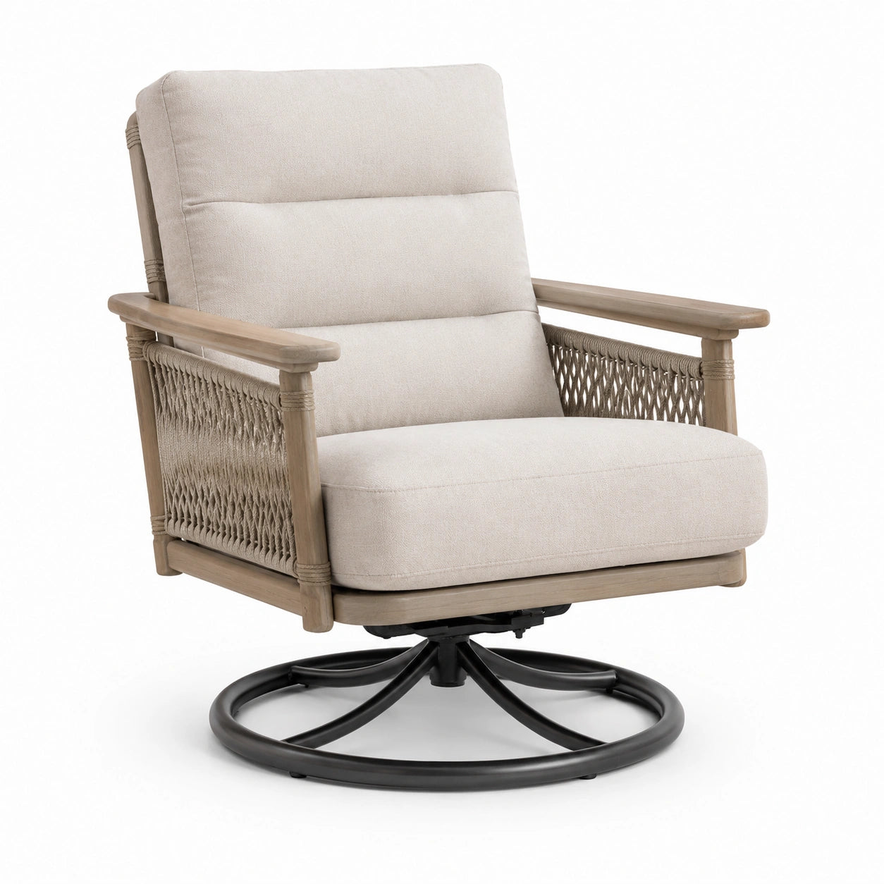 Drehsessel mit Holzrahmen und Stoffbezug in Beige