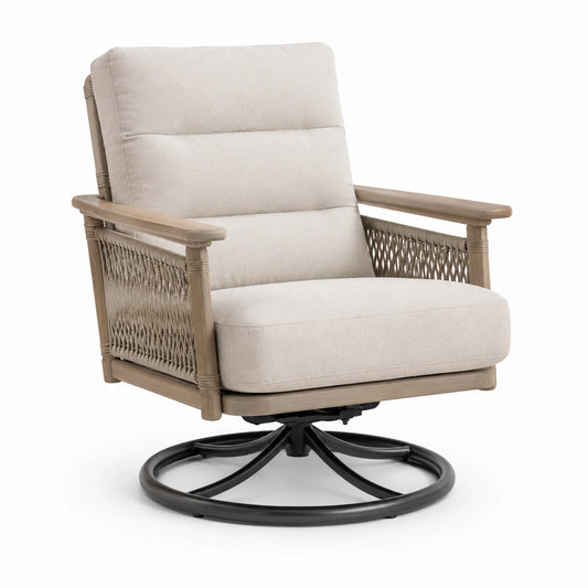 Drehsessel mit Holzrahmen und Stoffbezug in Beige