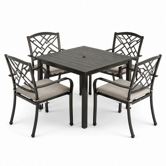 Aluminium Gartenmöbelset mit quadratischem Tisch und 4 Stühlen, Schwarz und Grau
